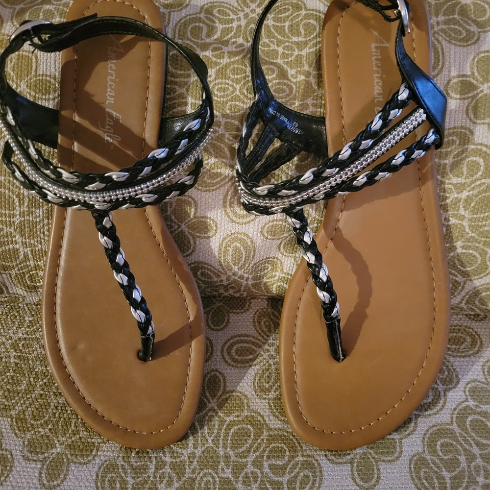 American Eagle Outfitters Black Braided T-Strap Sandals